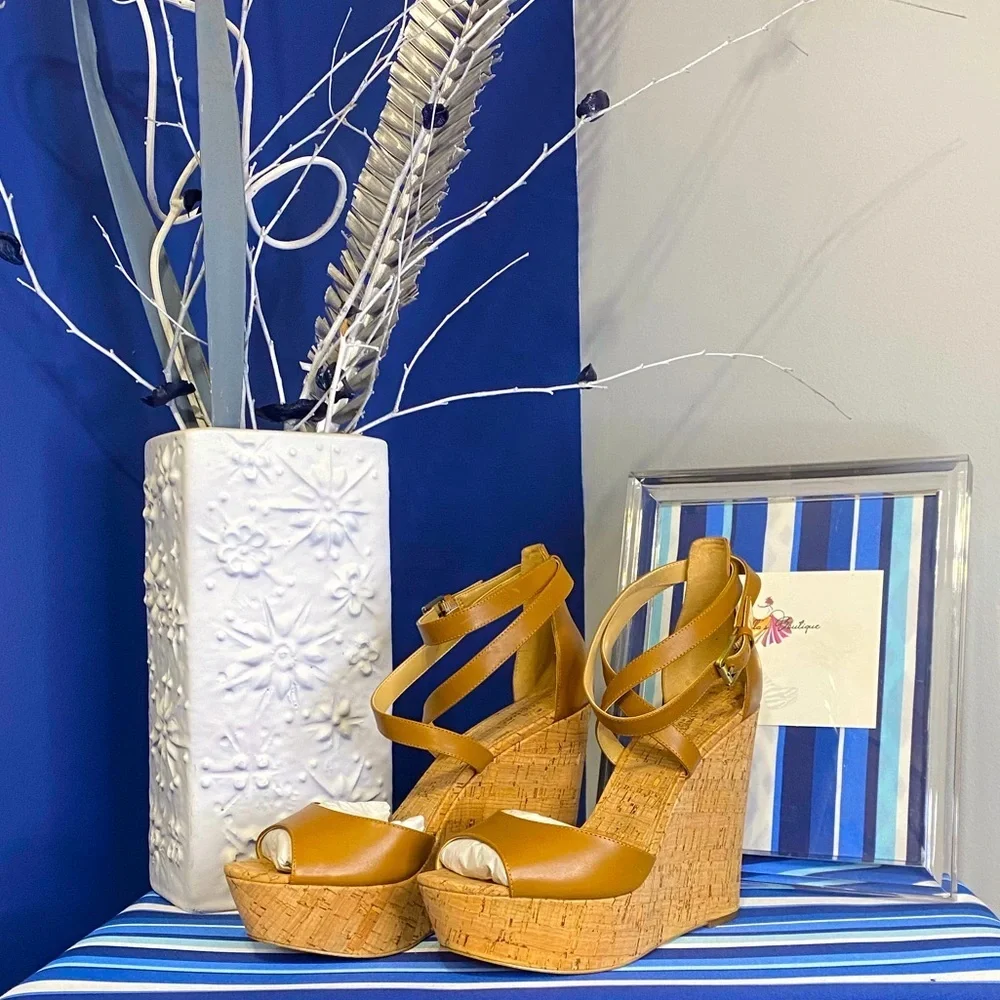 Michael Kors brown cork platform wedge strappy ankle high heel sandals Sz 10 - Picture 7 of 15